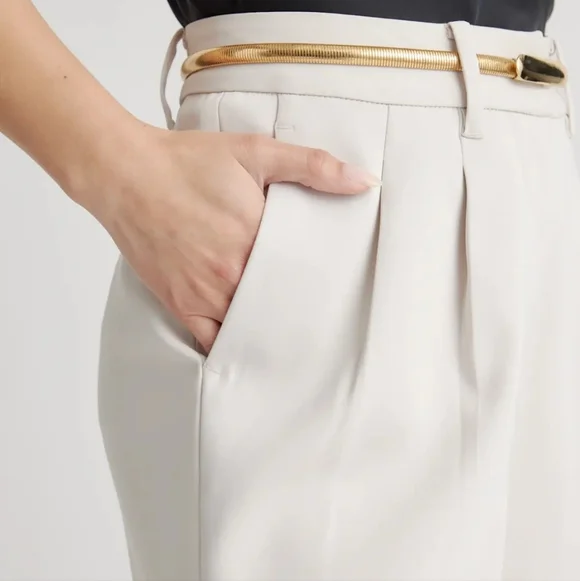 NEW Quince 28" Stretch Crepe Pleated Wide Leg Pants Short Inseam Sand Color - 6 - Picture 4 of 12